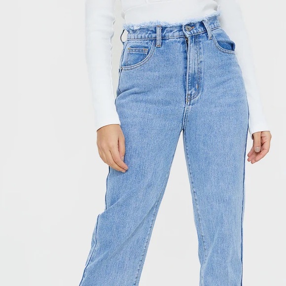 PrettyLittleThing Denim - Pretty Little Thing Petite Light Blue Ripped Waistband Split Hem Jeans - NEW